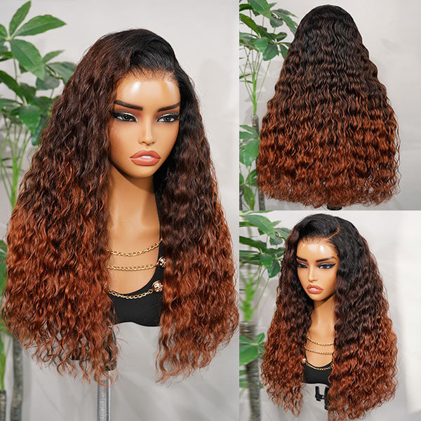 OQ HAIR Glueless Micro Water Wave Black Brown To Copper Ombre Color Custom Fit Drawstring Wear Go Wig Natural Blend