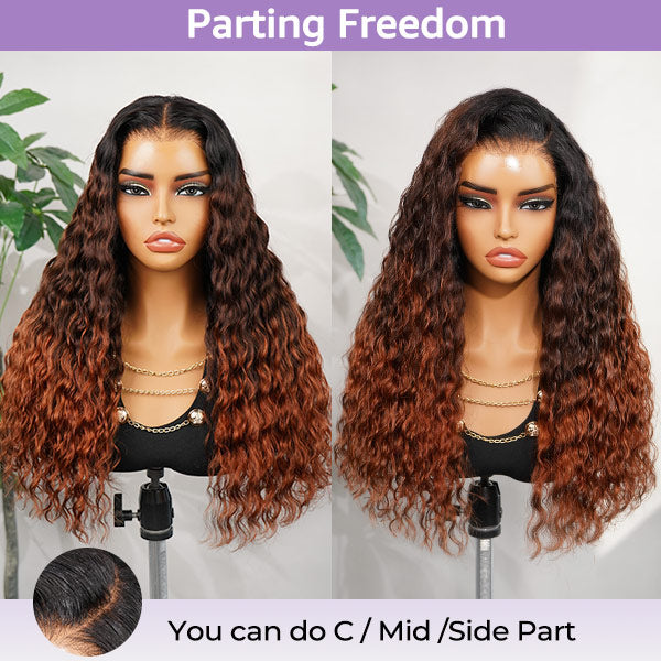 OQ HAIR Glueless Micro Water Wave Black Brown To Copper Ombre Color Custom Fit Drawstring Wear Go Wig Natural Blend