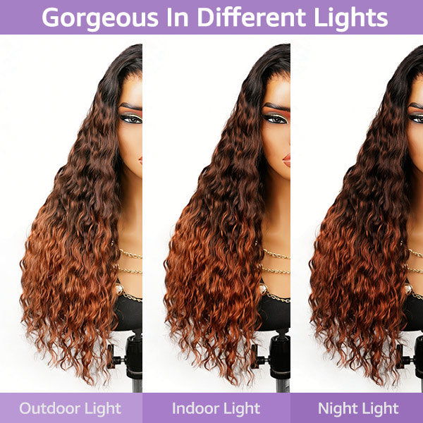 OQ HAIR Glueless Micro Water Wave Black Brown To Copper Ombre Color Custom Fit Drawstring Wear Go Wig Natural Blend