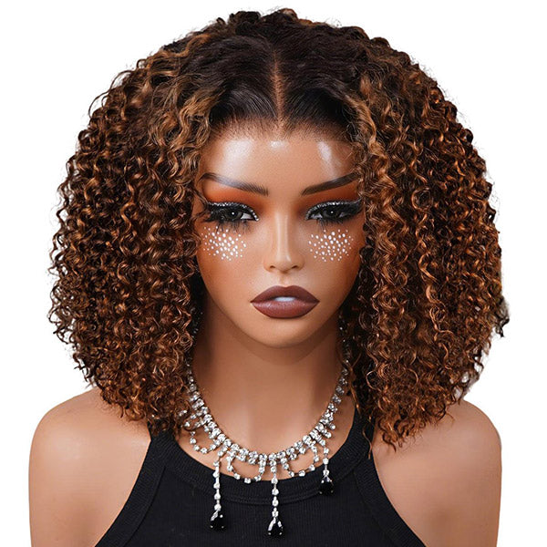 OQ HAIR Ombre Brown Water Wave Short Curly Bob Wig Glueless 7x5 Lace Human Hair Pre-Cut Lace Wear Go Wig
