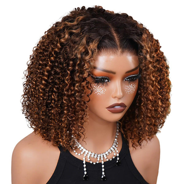 OQ HAIR Ombre Brown Water Wave Short Curly Bob Wig Glueless 7x5 Lace Human Hair Pre-Cut Lace Wear Go Wig