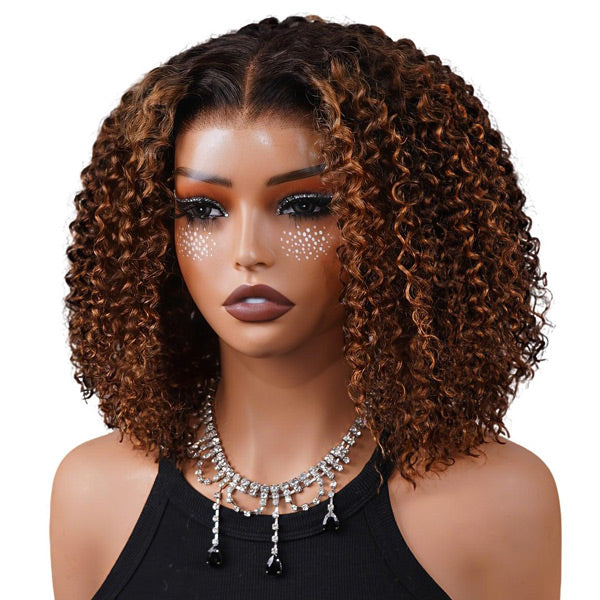 OQ HAIR Ombre Brown Water Wave Short Curly Bob Wig Glueless 7x5 Lace Human Hair Pre-Cut Lace Wear Go Wig