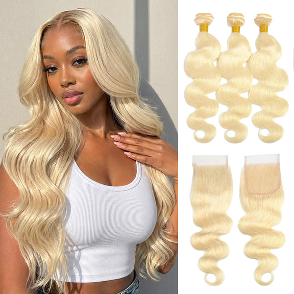Body Wave 613 Blonde Color Bundles with 4x4 Lace Closure Human Virgin Hair