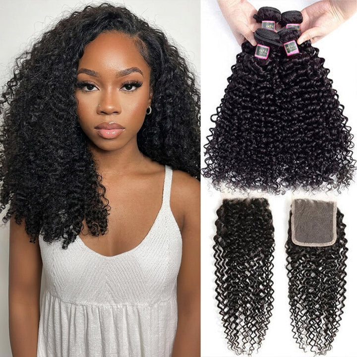 Thick Kinky Curly Human Hair 4 Bundles with 4*4 Lace Clsoure Natural Black