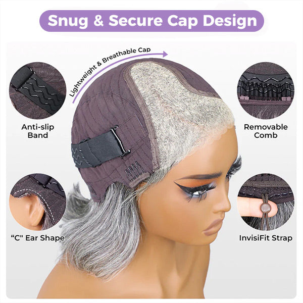 OQ HAIR Salt And Pepper Layered Bob Wear Go Glueless Wig Pre-Cut C-Shaped 7x5 Lace Flexible Fit Drawstring