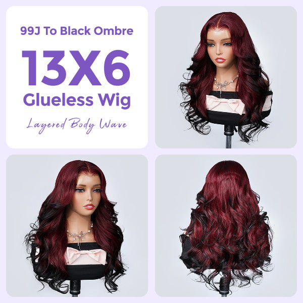 OQ HAIR Layered Body Wave Glueless Burgundy 99J To Black Ombre Color Pre-Cut 13x6 Lace Wear Go Glueless Wig With Flexible Fit Drawstring