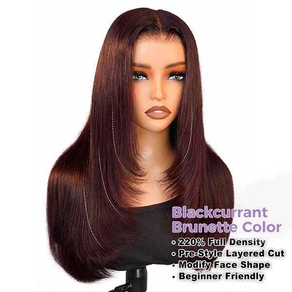 OQ HAIR Blackcurrant Brunette 7x5 Layered cut Straight Glueless Wig With Drawstring Human Hair Dark Burgundy Color Pre Bleached Tiny Knots Wear Go Wig Beginner Friendly