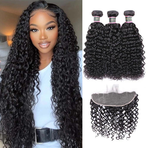 Water Wave Human Hair 3 Bundles with 13*4 Lace Frontal Natural Black