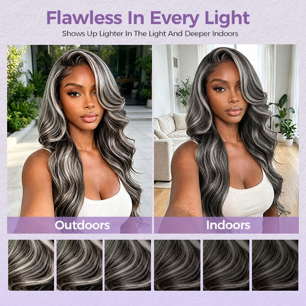 Platinum Blonde Highlights Human Hair Lace Front Wigs Ombre Piano Color Straight Hair With Grey Highlight Wig