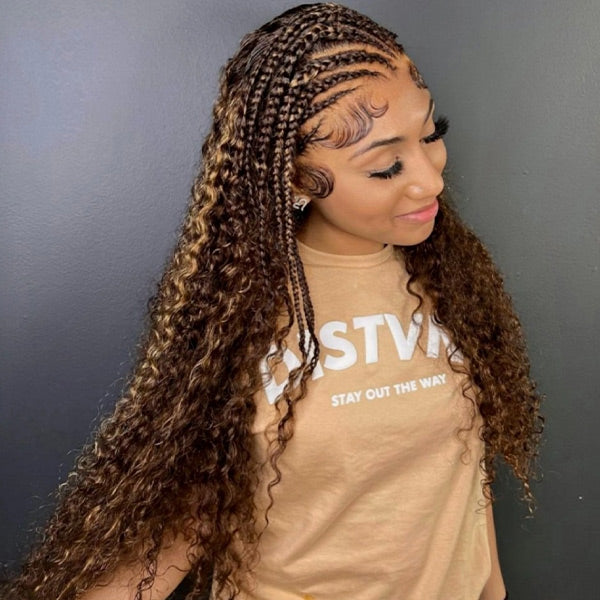 Deep Wave Highlight Ombre Color Bulk Human Hair Knotless Boho Braids Virgin No Weft Extensions 1/3/5 Packs
