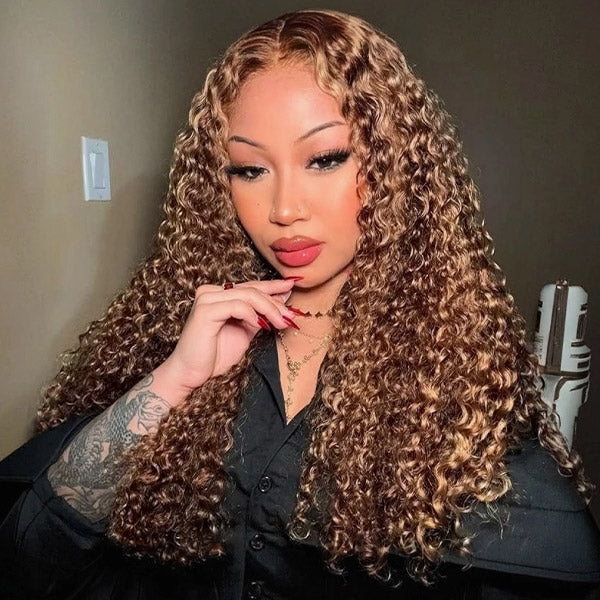 OQ HAIR Water Wave Highlight Ombre 4/27 Wear Go Glueless Wig Pre-cut 360 Lace Frontal Wig