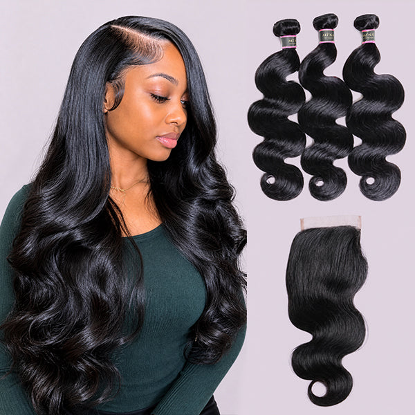 OQ HAIR Body Wave 100% Human Hair 3 Bundles With 4x4 Hand Tied Closure