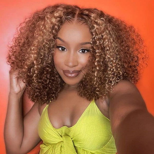 Exclusive Flash | Kinky Curly Glueless Bob Wig Highlight Ombre Pre Cut 7x5 Lace Wear Go Wig