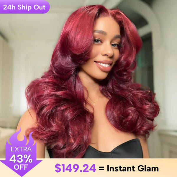 CLEARANCE | Straight Body Wave Hair Burgundy 99J Wear Go Wig Pre Cut 7x5 Lace Glueless Wig 220% Density