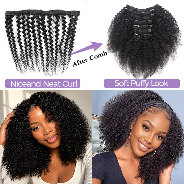 OQHAIR Kinky Curly Clip In Extension Human Hair Natural Black Color