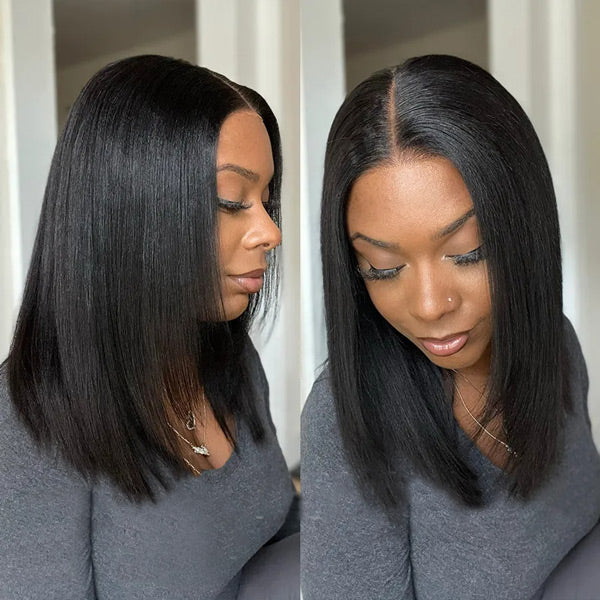 OQ HAIR Yaki Straight Layered Cut Wear Go Glueless Wig Pre-Cut 9x6 T Part Lace Bob Wig