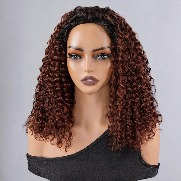 3 In 1 Half Wig | Glueless Water Wave 1B To Reddish Brown Ombre Color Snug Fit Natural Blend Wear Go Half Wig