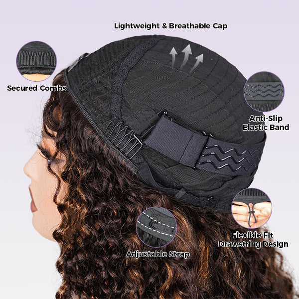 CLEARANCE| Glueless Water Wave Balayage Highlight Ombre Brown Wear Go Half Wig