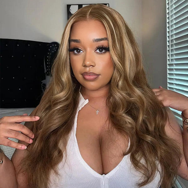 OQ HAIR Ash Honey Blonde Color Highlight Body Wave Pre-Cut Lace Pre Plucked Wear Go Wig
