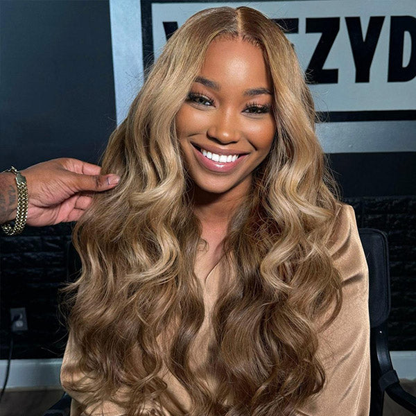 OQ HAIR Ash Blonde Honey Highlight Color Body Wave Pre-Cut 7x5 Lace Wig Pre Plucked Wear Go Glueless Wig Human Hair