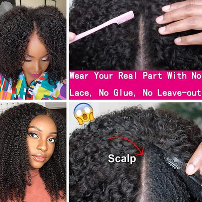 Kinky Curly V Part Wig No Leave Out Thin Part Glueless Wigs