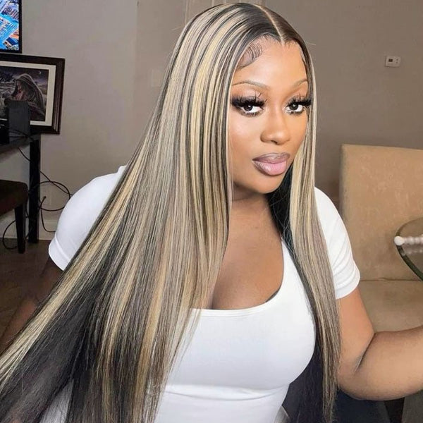 Pre-cut Lace Brown Wig With Blonde Highlight Wear Go Glueless Wig Straight 7x5 Lace Wig Preplucked with Natural Hairline