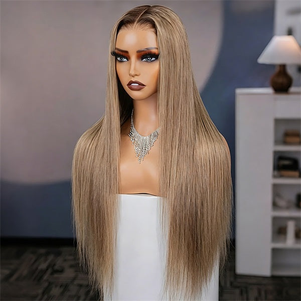 OQ Hair Straight Glueless Ombre Ash Blonde With Brown Roots 7x5 Lace Closure Wig Colored Lace Front Wigs 220% Denisty