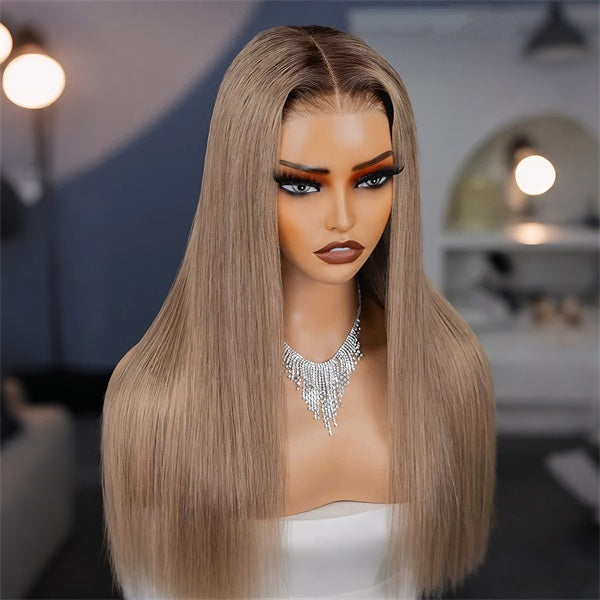 OQ Hair Straight Glueless Ombre Ash Blonde With Brown Roots 7x5 Lace Closure Wig Colored Lace Front Wigs 220% Denisty