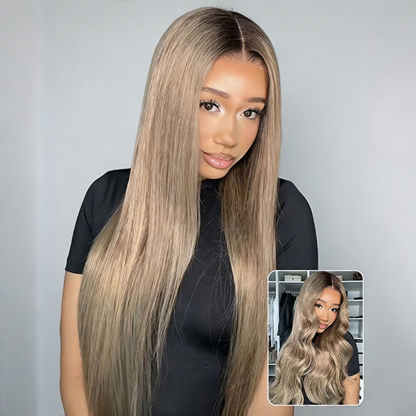 OQ Hair Straight Glueless Ombre Ash Blonde With Brown Roots 7x5 Lace Closure Wig Colored Lace Front Wigs 220% Denisty