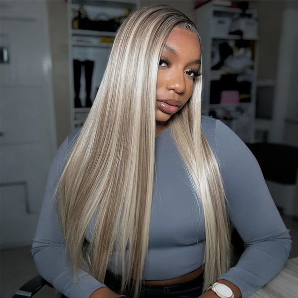 Pre-cut Lace Brown Wig With Blonde Highlight Wear Go Glueless Wig Straight 7x5 Lace Wig Preplucked with Natural Hairline