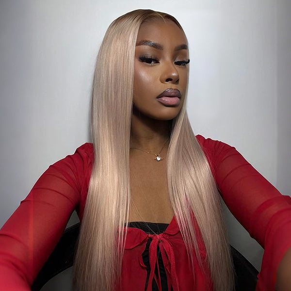 OQ Hair Straight Glueless Ombre Ash Blonde With Brown Roots 7x5 Lace Closure Wig Colored Lace Front Wigs 220% Denisty
