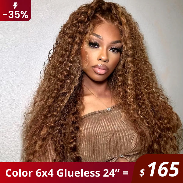 Flash Sale | Kinky Curly 4/27 Highlight Wear Go Glueless Wig Pre-cut Lace Wig 6x4 Lace Wig Preplucked with Natural Hairline