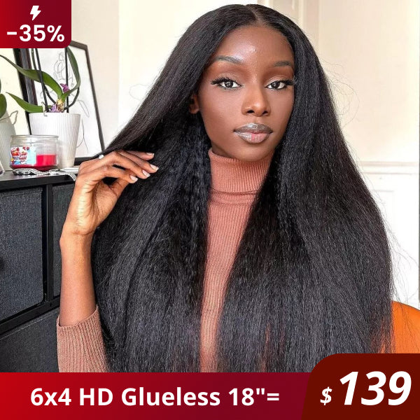 Flash Sale | Kinky Straight Hair Wear Go Glueless Wigs 4x6 HD Lace Pre Cut Lace Closure Wigs Pre Plucked