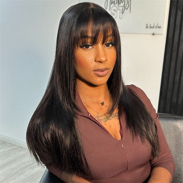 OQ HAIR Glueless Straight Layered Wig With Bangs Snug Fit 9x6 T Part Lace Wear Go Wig