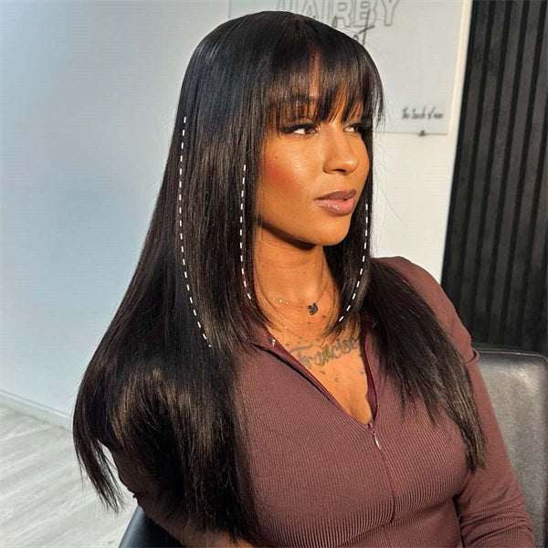 OQ HAIR Glueless Straight Layered Wig With Bangs Snug Fit 9x6 T Part Lace Wear Go Wig