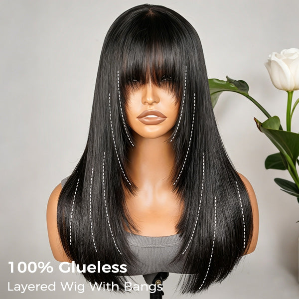 OQ HAIR Glueless Straight Layered Wig With Bangs Snug Fit 9x6 T Part Lace Wear Go Wig