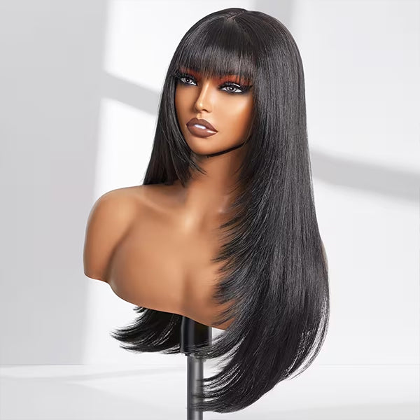 OQ HAIR Glueless Straight Layered Wig With Bangs Snug Fit 9x6 T Part Lace Wear Go Wig