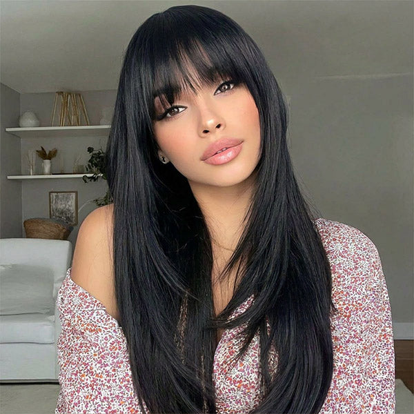 OQ HAIR Glueless Straight Layered Wig With Bangs Snug Fit 9x6 T Part Lace Wear Go Wig