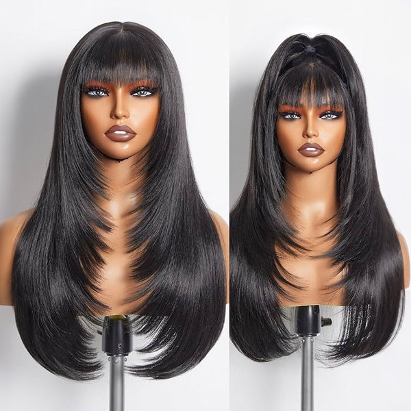 OQ HAIR Glueless Straight Layered Wig With Bangs Snug Fit 9x6 T Part Lace Wear Go Wig