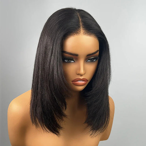 OQ HAIR Yaki Straight Layered Bob Bleached Knots Wear Go Glueless Wig Pre-Cut 9x6 T Part Lace With Drawstring Cap