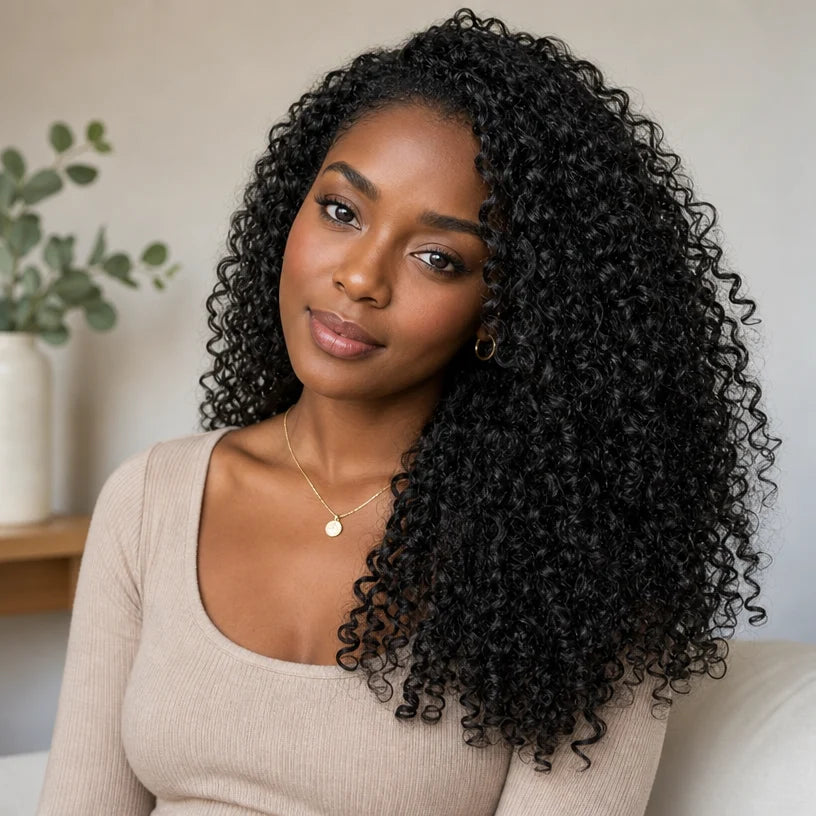 24h Shipping | Burmese Curly Human Hair Half Wig Glueless Wear Go Seamless Blend Flip Over Wig