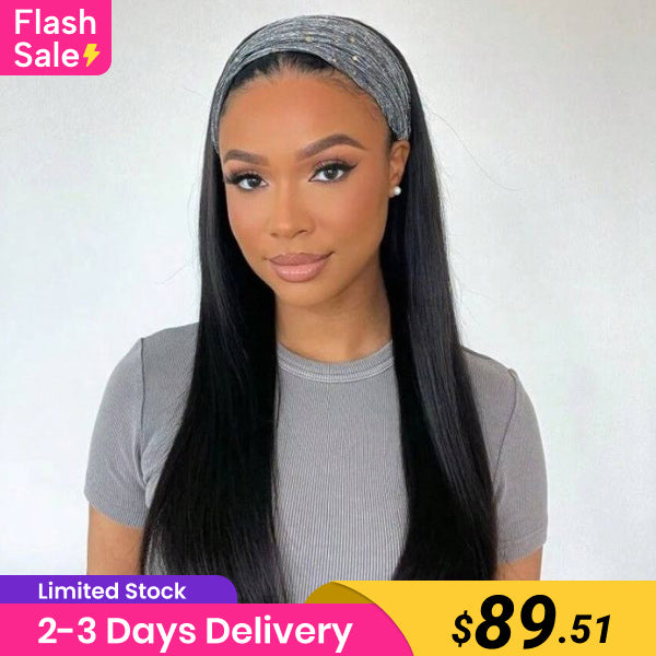 Flash Sale | Straight Hair Headband Wig Human Hair Glueless Wigs With Headband Scarf