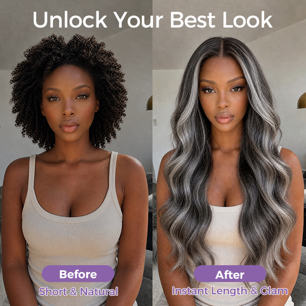 Platinum Blonde Highlights Human Hair Lace Front Wigs Ombre Piano Color Straight Hair With Grey Highlight Wig
