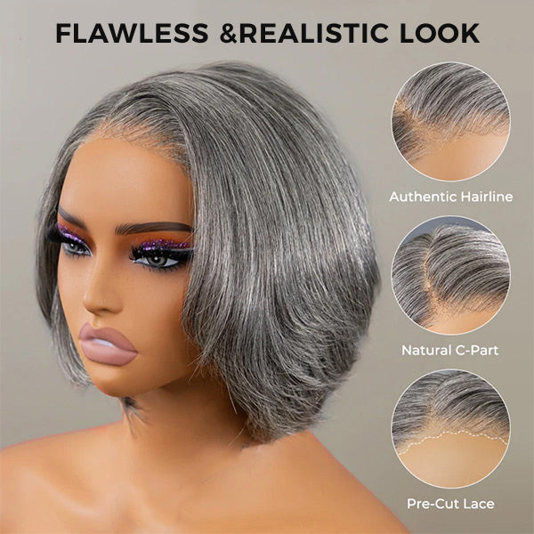 OQ HAIR Salt And Pepper Layered Bob Wear Go Glueless Wig Pre-Cut C-Shaped 7x5 Lace Flexible Fit Drawstring