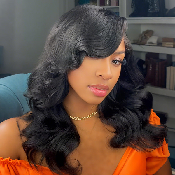 OQ HAIR Pre Styled C Part Layered Body Wave Snug Fit Drawstring Wear Go Glueless Wig Pre-Cut 9x6 Lace Bleached Knots