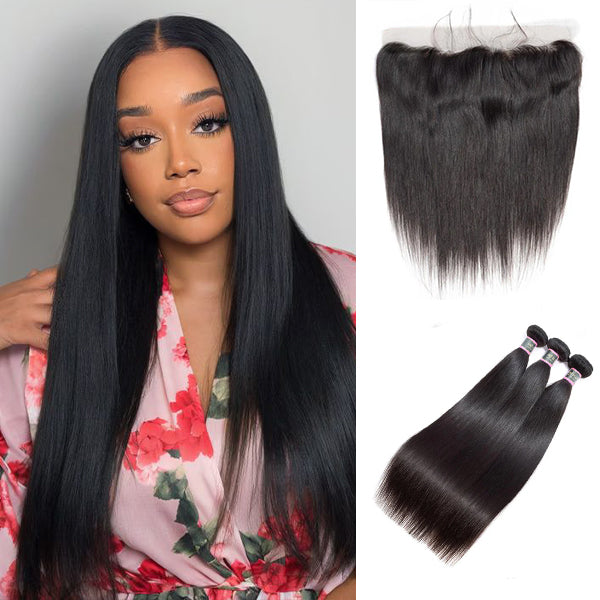Straight Human Hair 3 Bundles with 13*4 Lace Frontal Natural Black