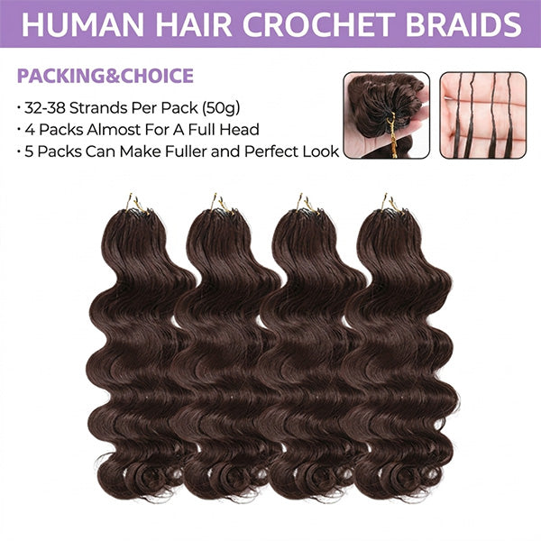 OQ HAIR Body Wave Chocolate Brown Crochet Human Hair Lightweight & Reusable Beginner Friendly Style