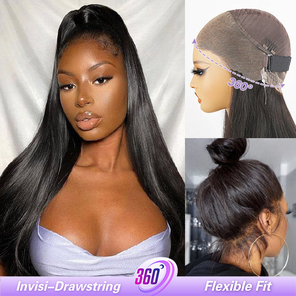 OQ Hair Straight Invisi Drawstring Flexible Fit 360 Glueless Wig Pre-Cut Lace Bleached Knots Wig