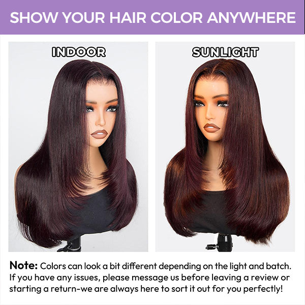 OQ HAIR Blackcurrant Brunette 7x5 Layered cut Straight Glueless Wig With Drawstring Human Hair Dark Burgundy Color Pre Bleached Tiny Knots Wear Go Wig Beginner Friendly