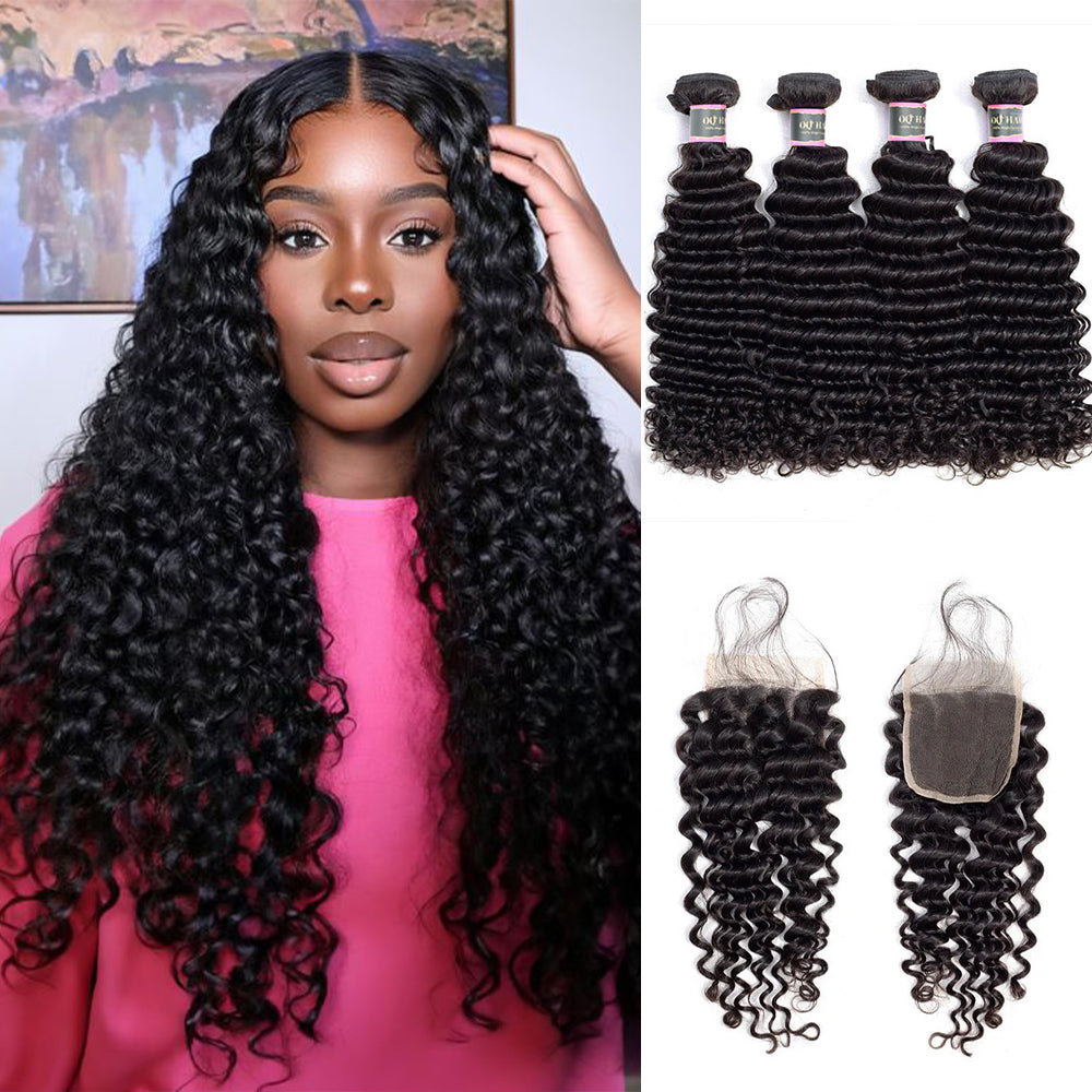 Deep Wave Human Hair 4 Bundles with 4*4 Lace Closure Natural Black